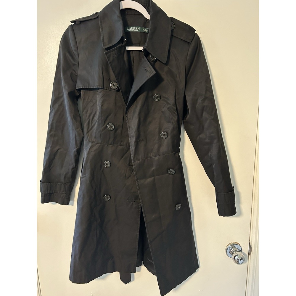 Lauren Ralph Lauren Women's Black Belted Contrast Trench Coat Size Small w/ Belt